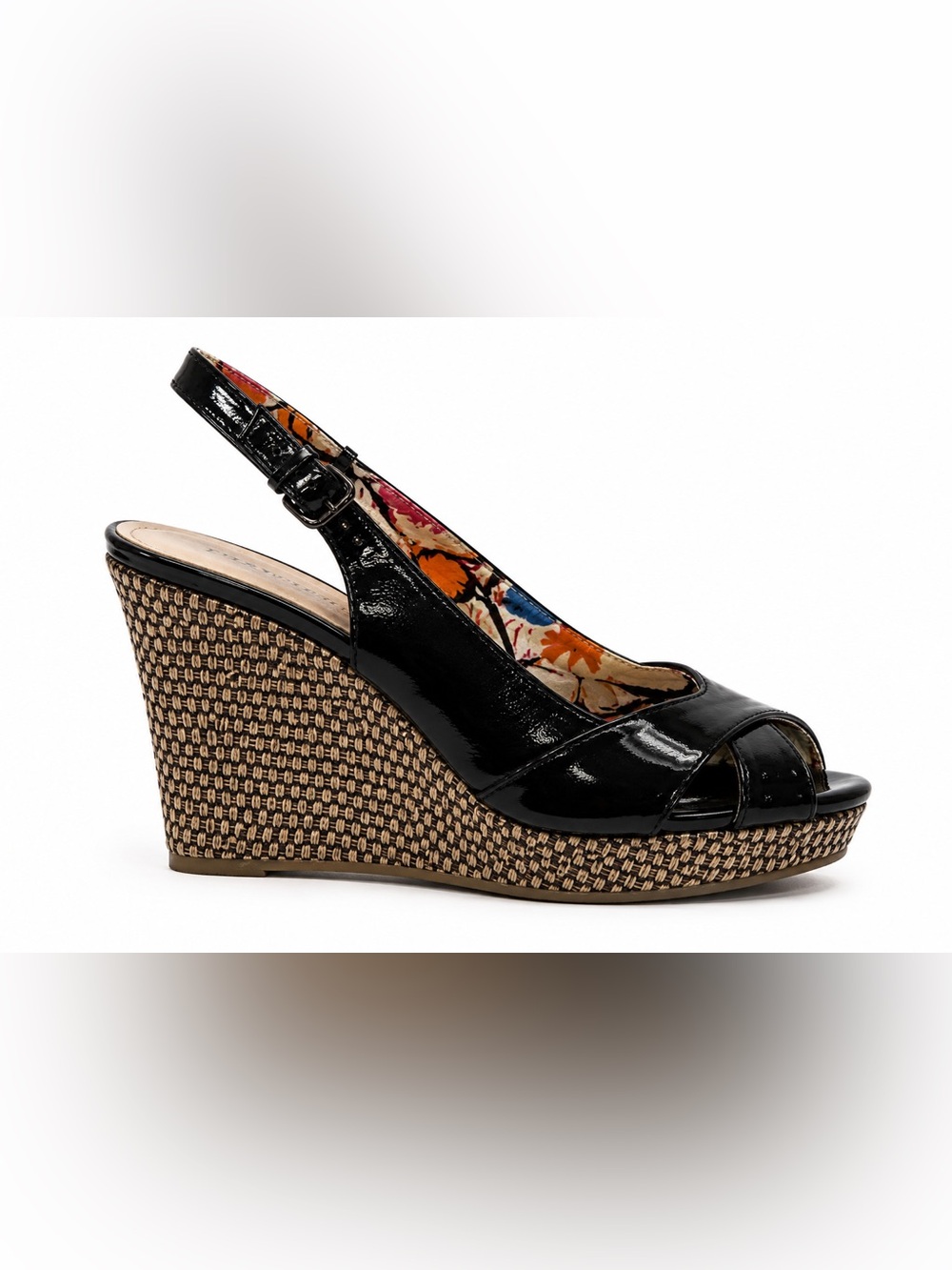 Faded Glory Black Patent Wedge Slingback Sandals SW
